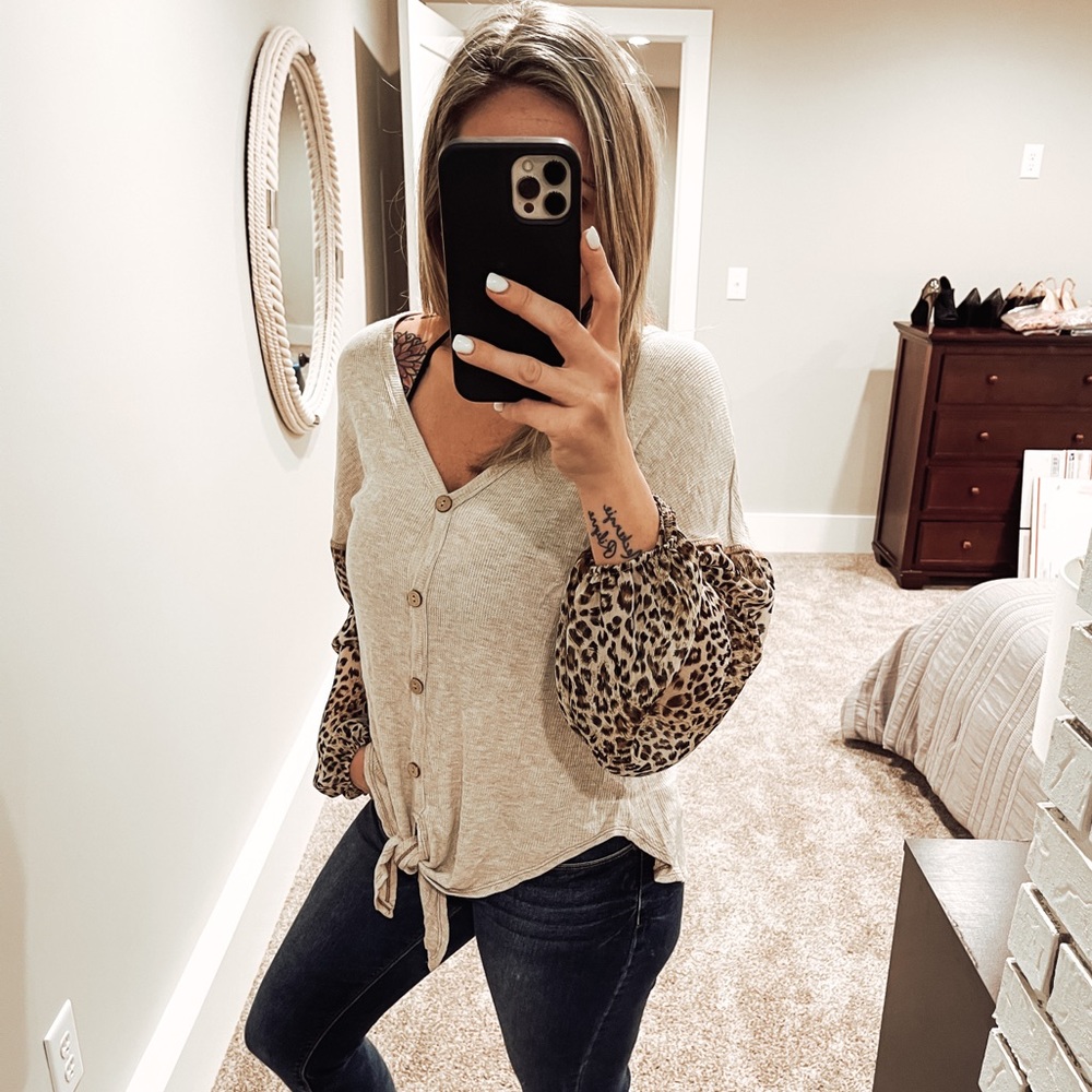 Botanique Tan Waffle Knit Knot Tie Leopard Blouse